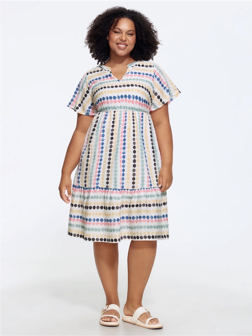 NWT BloomChic Dot Print Elastic Waist Split Neck Mini Dress White Smoke $35.90